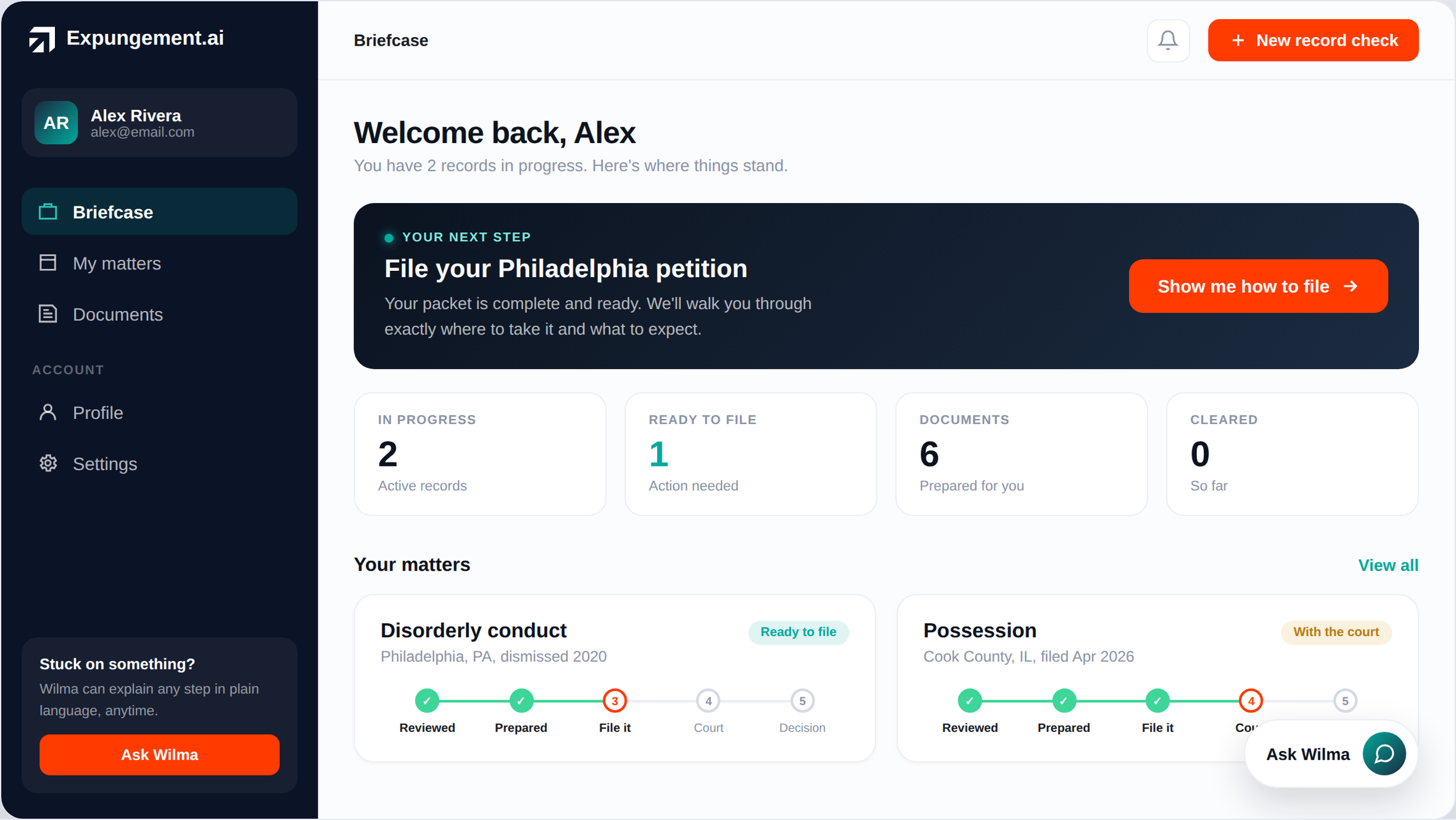 The Briefcase dashboard showing two matters with step-by-step filing progress and a next-step card.