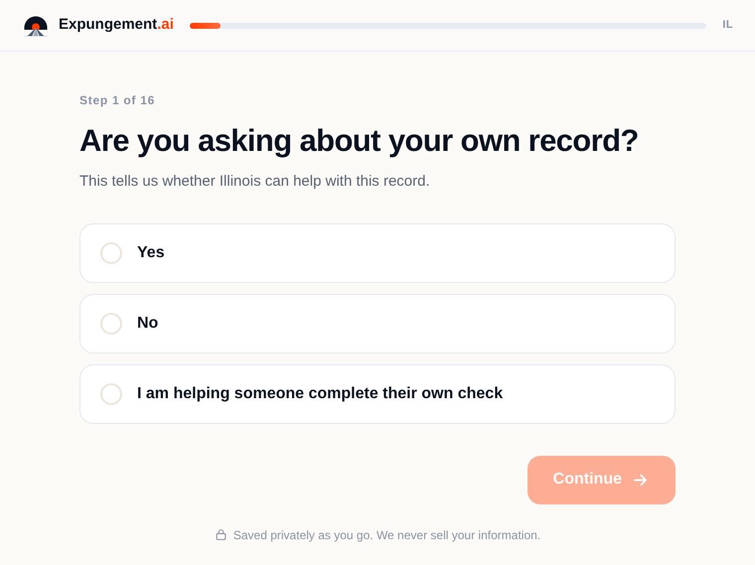 Expungement.ai eligibility check screen asking whether you are checking your own record, with a progress rail.