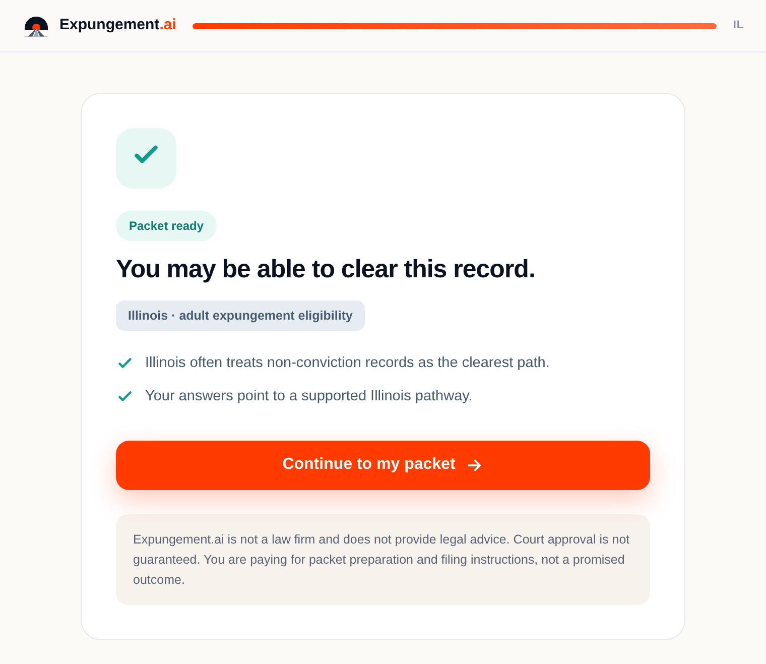 Eligibility result screen reading you may be able to clear this record, with a continue-to-packet button and a not-a-law-firm disclaimer.